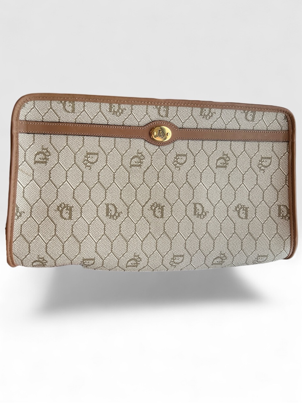 VINTAGE Christian Dior Monogram Clutch with Honeycomb Canvas and Leather Trim